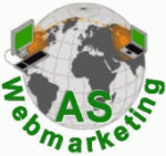 AS Webmarketing-Logo: Weltkugel mit Computern, "AS Webmarketing" in Grün um die Welt.