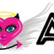 Logo con testo "LOVANGEL" e cuore rosa con ali, aureola e corna.