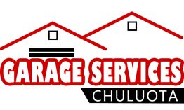 Logo with two house outlines, reads "Garage Services Chuluota" in red and black text.
