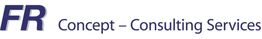 Logo mit Text: "FR Concept - Consulting Services" in dunkelblauer Schrift auf weißem Hintergrund.