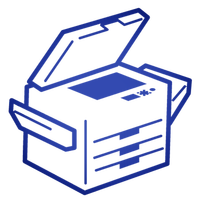 Icono azul de una impresora 3D abierta sobre una caja.