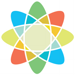 Colorful abstract flower-like geometric shape with overlapping petals and a central void.