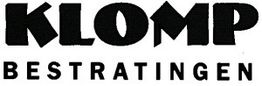 Logo met de tekst 'KLOMP Bestratingen' in zwarte, stevige letters op een witte achtergrond.