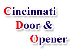 Stylized text: "Cincinnati Door & Opener" with red and blue accents.