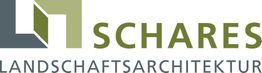 Logo von Schares Landschaftsarchitektur mit stilisiertem Gebäude in Grau und Grün.