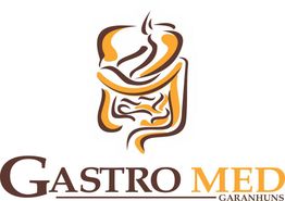 Logo Gastro Med Garanhuns com ilustração abstrata marrom e amarela.