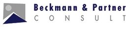 Logo mit Text "Beckmann & Partner CONSULT" und stilisiertem Berg in Blau und Grau.