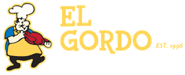 Cartoon chef with a red oven mitt next to the text "EL GORDO EST. 1996".
