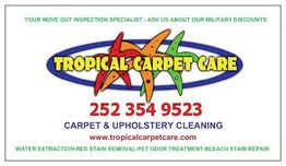 Tropical Carpet Care ad with contact number, cleaning services, and military discounts.