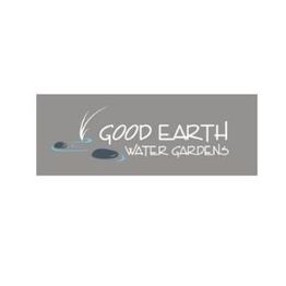 Logo with "Good Earth Water Gardens" text and simple water and stone graphic on a gray background.