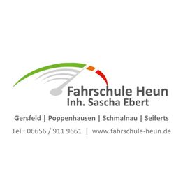 Fahrschule Heun Logo mit Tachometer, Inh. Sascha Ebert, Standorte und Kontaktdaten.