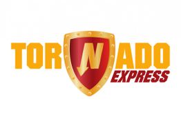 Tornado Express-Logo: Schrift in Gelb und Rot mit einem Schild in der Mitte.