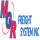 Logo of MGR Freight System Inc. with red and blue lettering and a swoosh design.