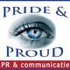 Blauw oog met tekst "Pride & Proud". Onderliggende rode balk met "PR & communicatie".