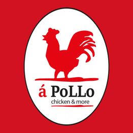 Ovales Logo mit rotem Hahn und Text: "á PoLLo chicken & more", auf rotem Hintergrund.