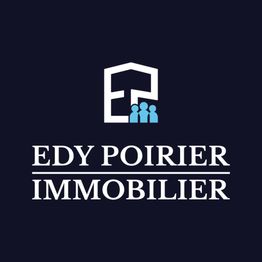 Logo d'agence immobilière Edy Poirier sur fond bleu foncé avec icône de maison et personnes.