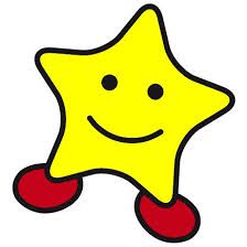 Lächelnder gelber Stern mit roten Schuhen auf weißem Hintergrund.