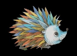 Ein gezeichneter Igel mit bunten Federn anstelle von Stacheln, vor schwarzem Hintergrund.