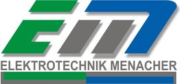 Logo mit grünem und blauem EM und Schriftzug "Elektrotechnik Menacher".