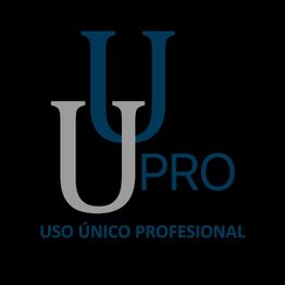 Logotipo UUPRO con texto "Uso Único Profesional" en fondo negro. Letras grises y azules.
