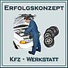 Mechaniker repariert Auto; daneben Reifenstapel. Text: "Erfolgskonzept Kfz-Werkstatt".