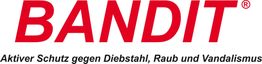 Logo mit rotem Text "BANDIT" und Slogan "Aktiver Schutz gegen Diebstahl, Raub und Vandalismus".