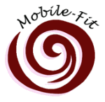 Logo mit rotem, spiralförmigem Motiv und dem Text „Mobile-Fit“ in geschwungener Schrift.