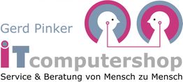 Logo von IT Computershop: Zwei stilisierte Köpfe, blauer und rosa Kreis, mit Text "Gerd Pinker".