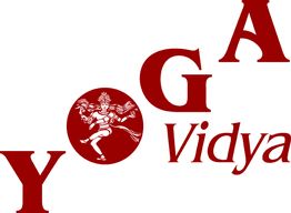 Roter Schriftzug "Yoga Vidya" mit einem Hindu-Logo zwischen dem "O" und "G".