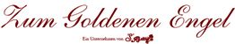 "Zum Goldenen Engel" Schriftzug in eleganter, roter Kalligraphie mit kleinem Logo darunter.