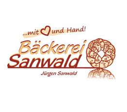 Logo der Bäckerei Sanwald mit Herz und Hand, roter Schriftzug und Brezel-Design.