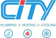 "City logo with 'Plumbing, Heating, Cooling' and water, fire, snowflake icons below."