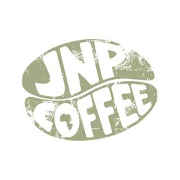Grunge-style "JNP Coffee" logo shaped like a coffee bean in faded green and white.