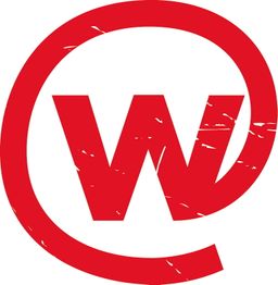 Roter Buchstabe "W" in einem unvollständigen Kreis, mit einem abgenutzten, groben Look.