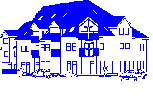 Blaues pixeliges Bild eines großen Hauses mit vielen Fenstern und Giebeln.