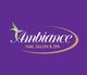 Ambiance Nail Salon & Spa logo with purple background and stylized leaves.