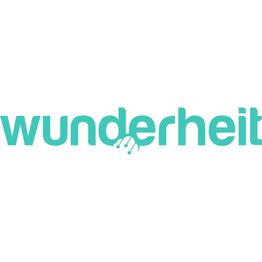 Text "wunderheit" in Türkis mit einem stilisierten Handschlag in der Mitte.