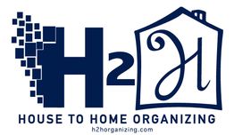 H2H logo: "House to Home Organizing" with abstract house and pixel blocks. Website: h2horganizing.com.