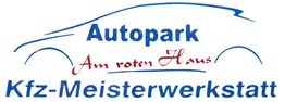 Logo mit Text: "Autopark Am roten Haus, Kfz-Meisterwerkstatt", stilisiertes Auto oben.