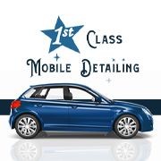 Blue car with "1st Class Mobile Detailing" text and star above it.