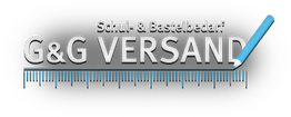 Logo von G&G Versand mit Lineal und Stift, Text: Schul- & Bastelbedarf.