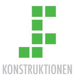 Grünes Logo mit sechs Quadraten, Text "KONSTRUKTIONEN" darunter.