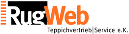 Logo von RugWeb Teppichvertrieb Service e.K. mit orangem Schriftzug auf schwarzem Hintergrund.
