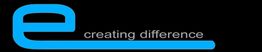 Großer blauer Buchstabe "e" mit grauem Text "creating difference" auf schwarzem Hintergrund.