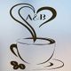 Stylized coffee cup with heart-shaped steam and "A & B" initials above two coffee beans.