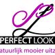 Logo met tekst "Perfect Look" en slogan "Er natuurlijk mooier uitzien!" in zwart en roze letters.