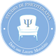 Logo di uno studio di psicoterapia con poltrona e simbolo della psicologia su sfondo blu.