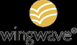 wingwave-Logo: Gelber Kreis mit weißen Wellen über schwarzem Schriftzug "wingwave".