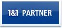 Blaues Logo mit weißem Text "1&1 PARTNER" in einem rechteckigen Rahmen.