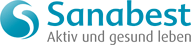 Logo mit Schriftzug "Sanabest" und Slogan "Aktiv und gesund leben" in Blau und Grau.